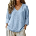 thumbnail image 2 of Endives Women's Linen Shirt Casual V Neck Long Sleeve Blouse Loose Fit Linen Tops Summer Outfit Light Blue, 2 of 5