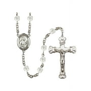 St. Camillus of Lellis Silver-Plated Rosary 6mm April Crystal Fire Polished Beads Crucifix Size 1 5/8 x 1 medal charm