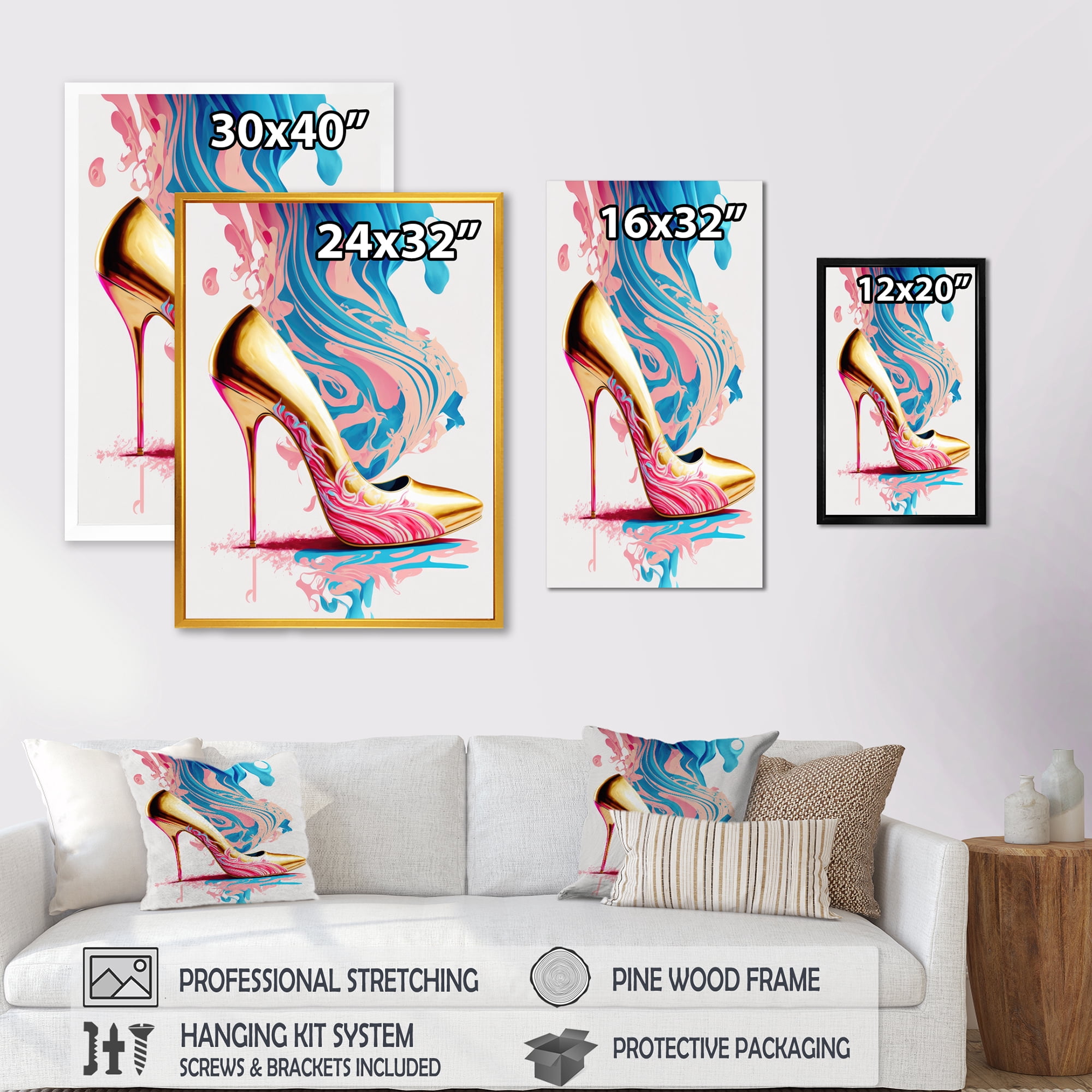 Designart Pink And Blue Art Deco High Heel Shoes III Canvas Wall Art