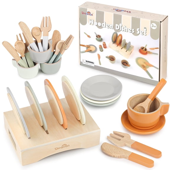 Dreamon Children's 14-Piece Wooden Play Kitchen Toy Set for Toddlers 3-7 Years, Neutral Color