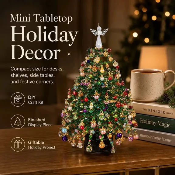 DIY Beaded Christmas Tree Kit, Hand‑Made Mini Crystal Bead Xmas Tree Craft Set, Complete Christmas Decoration Making Supplies with Beads, Angel Tree Topper, Base & Accessories