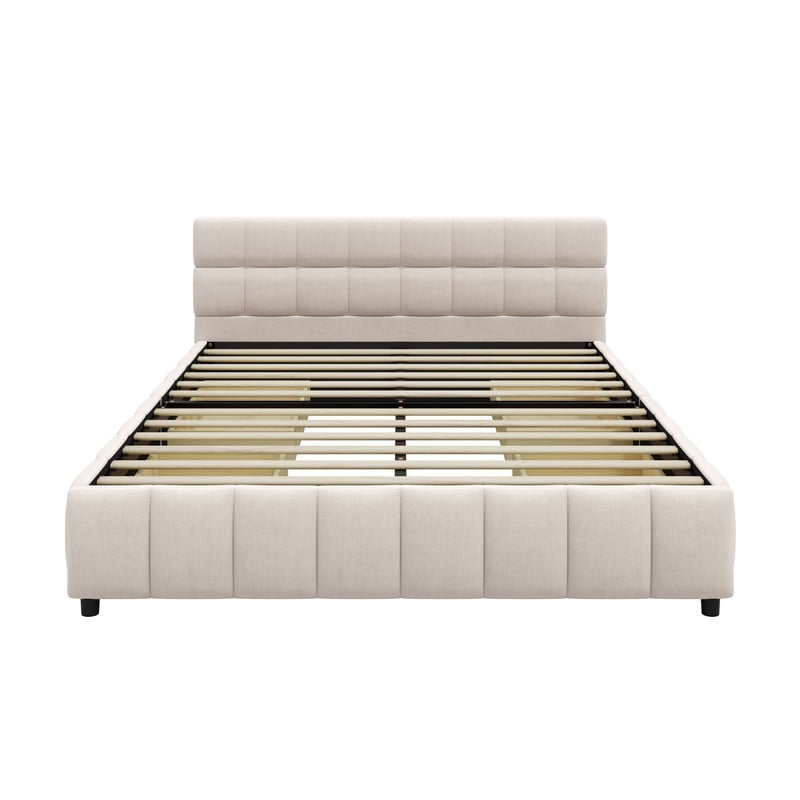 Queen Size Low Profile Platform Bed with Tufted Headboard, Linen Fabric Padded Storage Upholstered Bed Frame with 4 Drawers