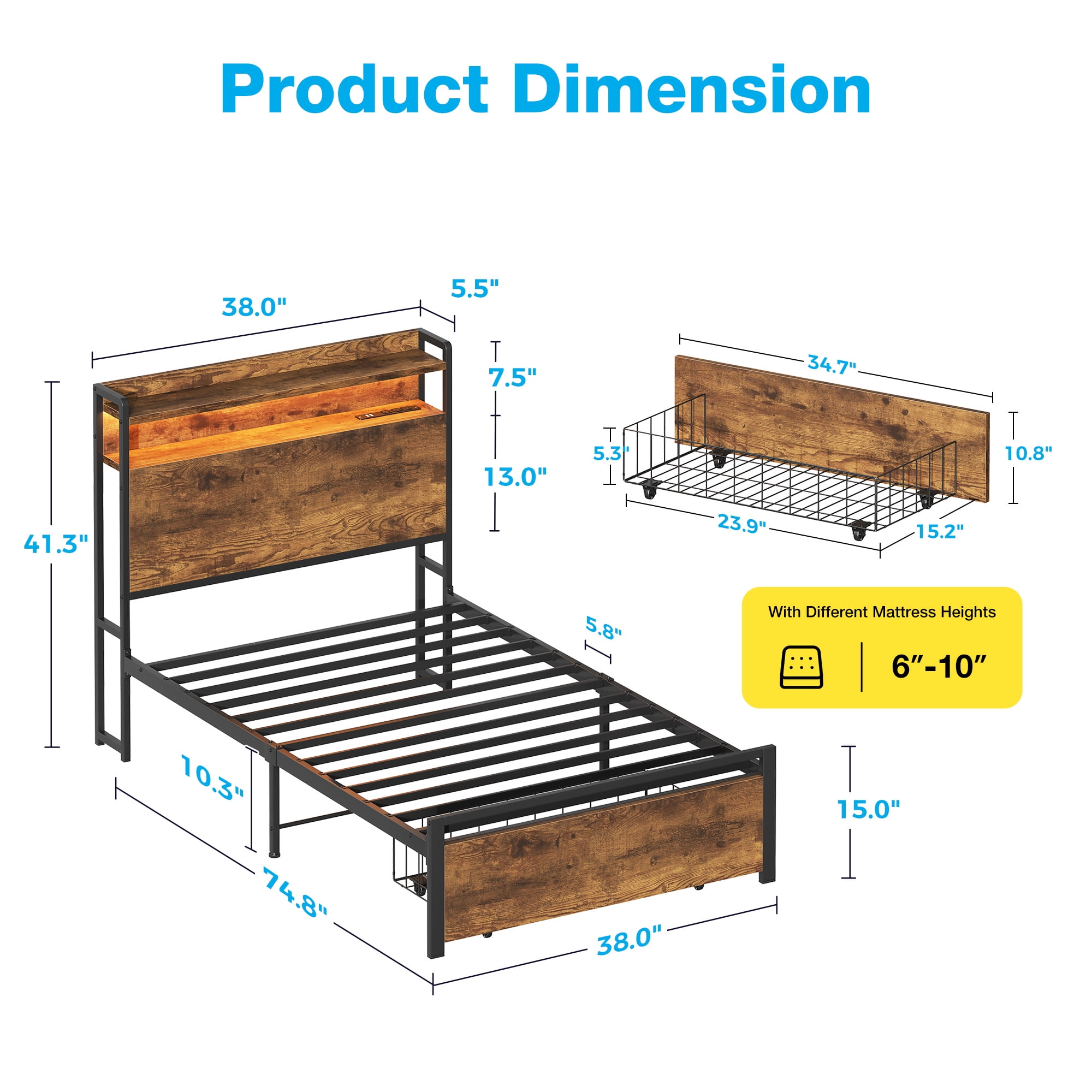Casacomoda Twin Size Bed Frame with Storage Headboard, Metal Platform Bed Frame with Storage Drawer, Bed Frame with Charging Station & LED Light, No Box Spring Needed, Vintage and Black