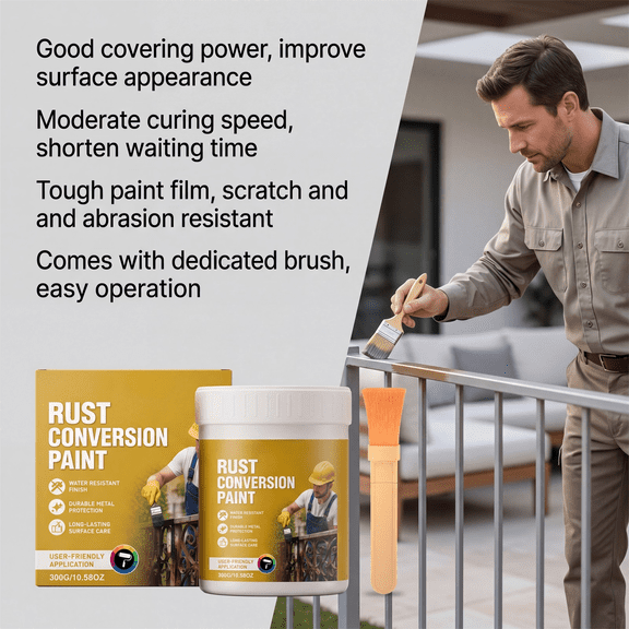 Rust Conversion Paint for Metal, 300g Black Anti-Rust Paint with Brush, Water-Based Rust Remover for Railings, Fences, and Metal Surfaces,1PC