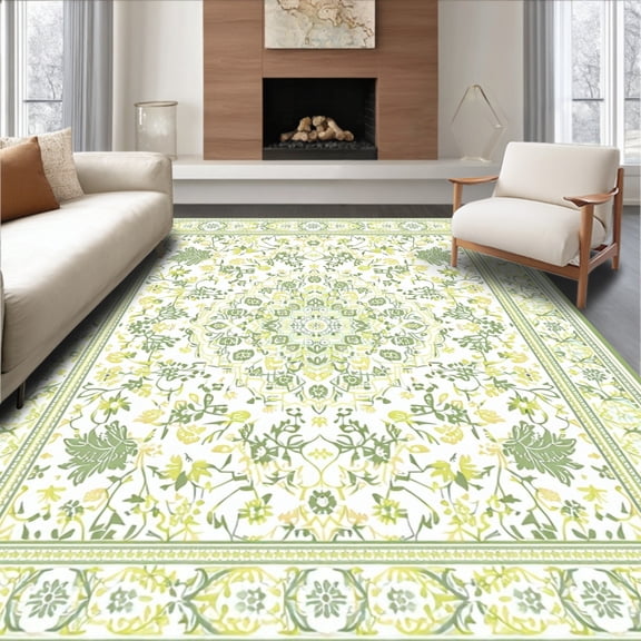 ODIKA 4'x6' Machine Washable Non-Slip Area Rug, Rustic with Floral Motifs High Traffic Rug, Ivory, 63437