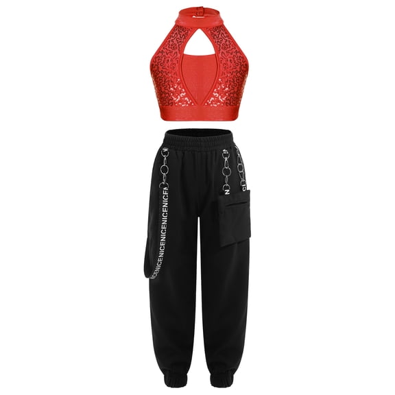 TiaoBug Kids Girls 2 Piece Hip Hop Street Jazz Dance Outfit Sleeveless Shiny Sequin Crop Top and Jogger Pants Red 6