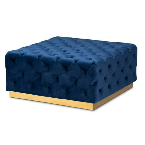 Bowery Hill Royal Blue Velvet Gold Finished Square Cocktail Ottoman