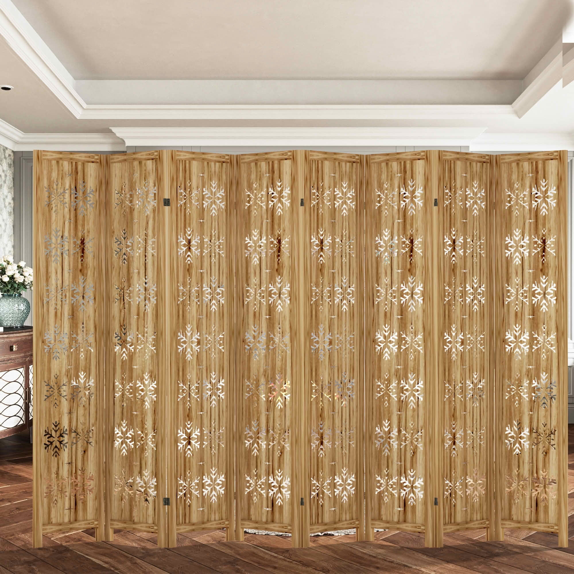 MAYEERTY 127x1x67 Inch Natural Charcoal Snowflake Wooden Folding Privacy Screen, 8 Panel Set for Home & Patio