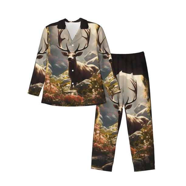 Fotbe Enchanted Deer In Cave Pijama de Hombre con Estampado de Manga Larga, Conjunto de 2 Piezas, Ropa de Dormir Suave y Cómoda con Bolsillos-Large