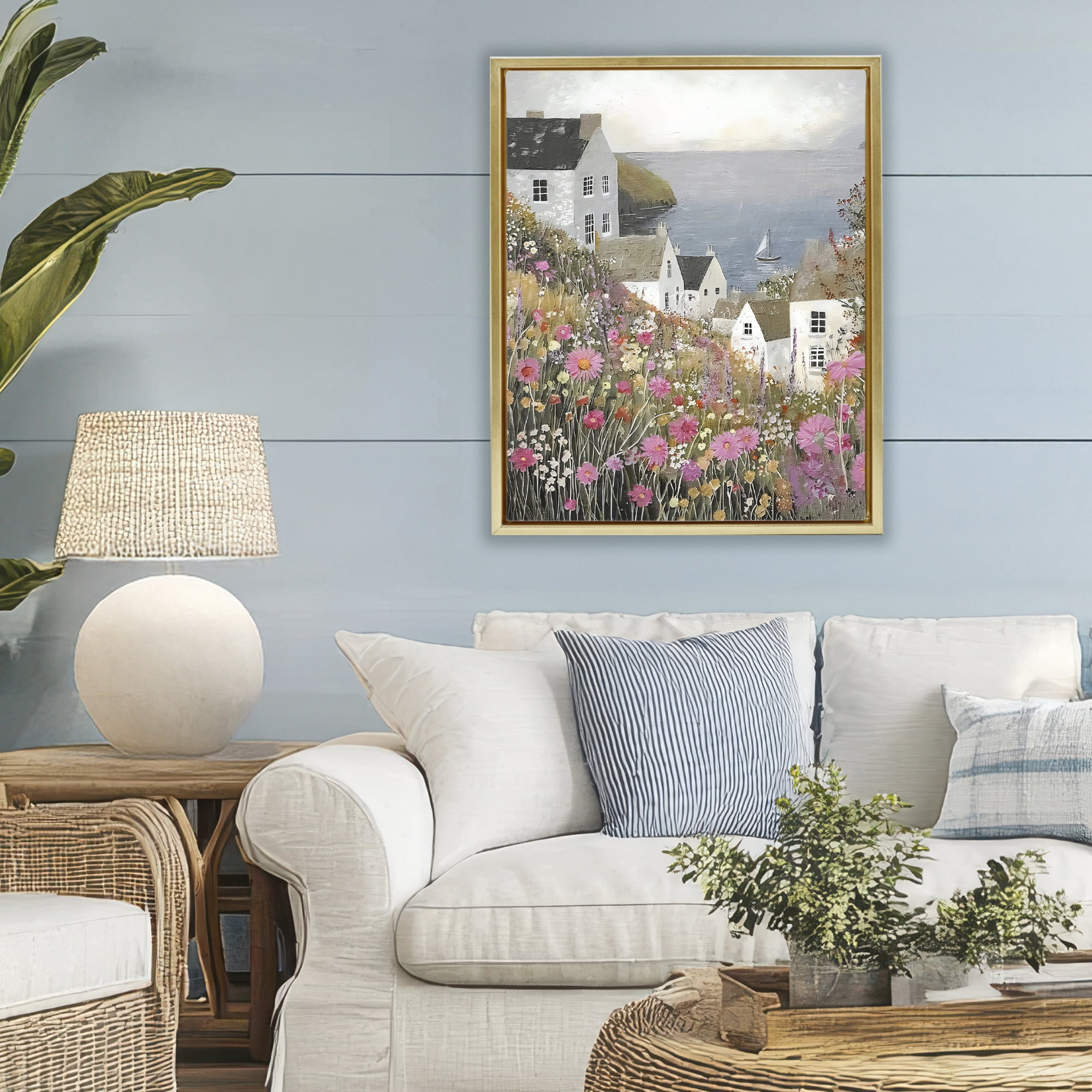 Stupell Industries Picturesque Village over Sea Gold Framed Floater Canvas Wall Art, design by Riley B