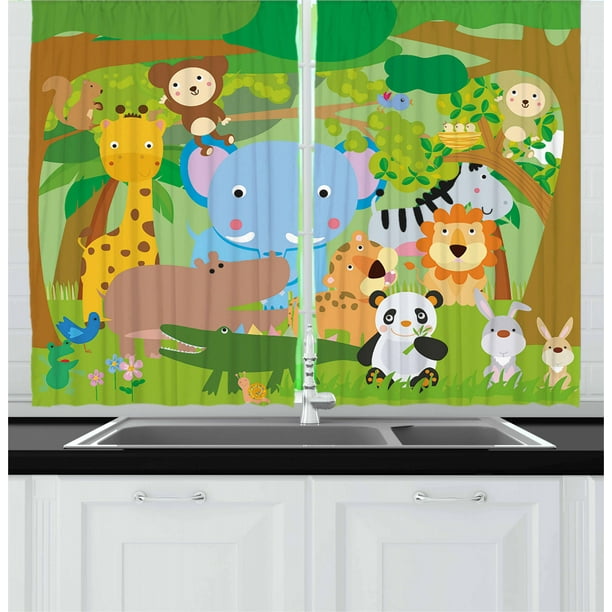 Nursery Curtains 2 Panels Set, Funny Playful Jungle Animals Wildlife