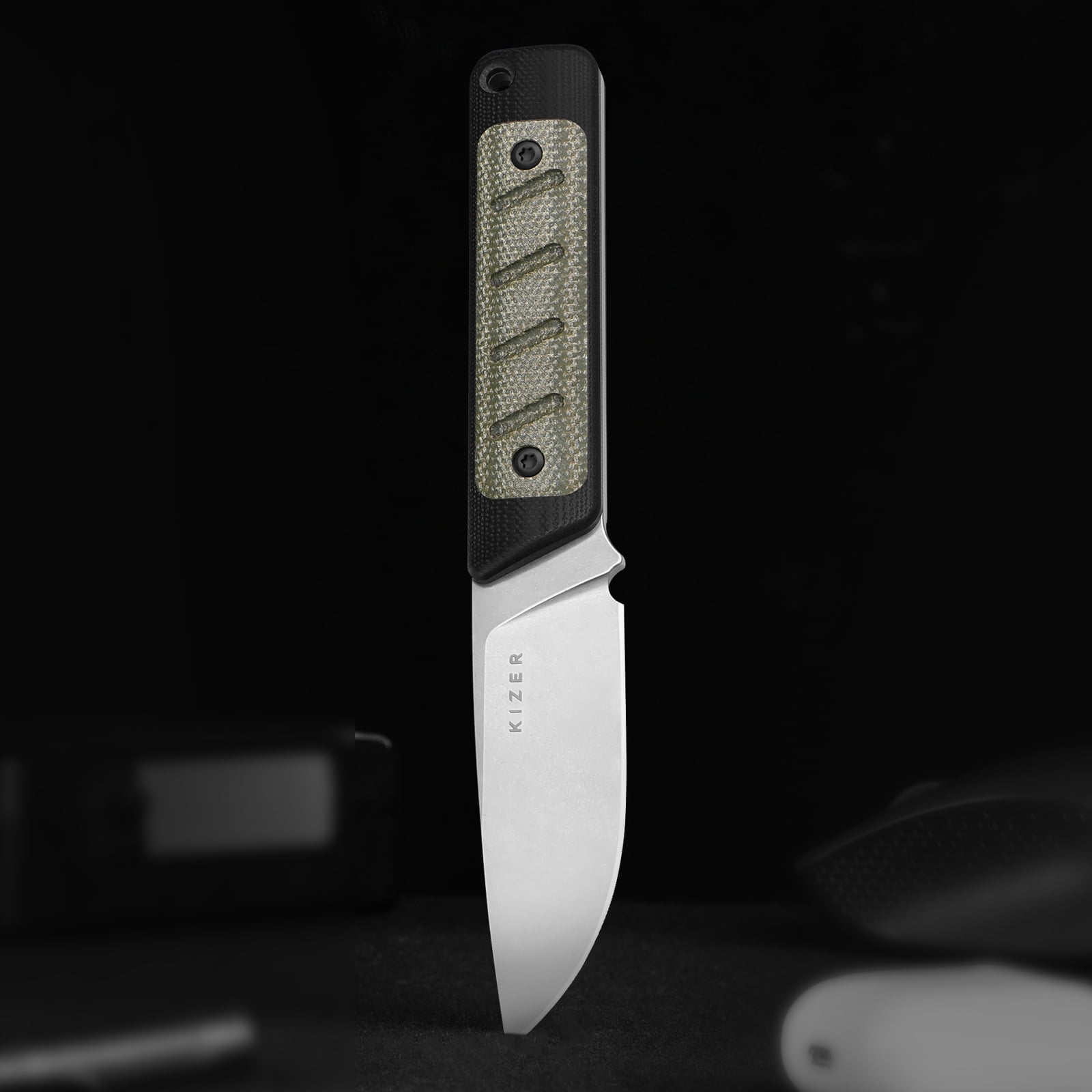 Kizer Smolt Fixed Blade with Kydex Sheath 1063A6 , 2.93" 14C28N Blade G10 + Micarta Handle Drop point EDC  Pocket Knife, Black & Green
