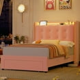 thumbnail image 4 of Homfa Twin Size LED Bed Frame with Drawer, Velvet Crystal Button Upholstered Platform Bed Frame with Outlets and USB Ports & Display Platform, No Box Spring Needed, Pink, 4 of 9