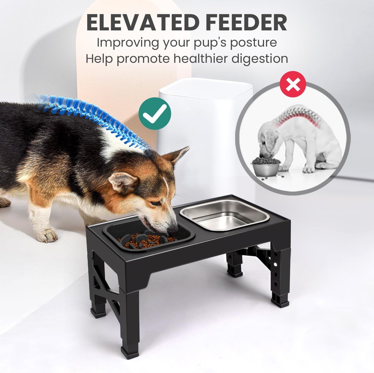 Elevated Dog Bowls, 5 Adjustable Heights Raised Dog Bowl Stand, with 2 Stainless Steel Dog Food Bowls and 1 Slow Feeder Dog Bowl
