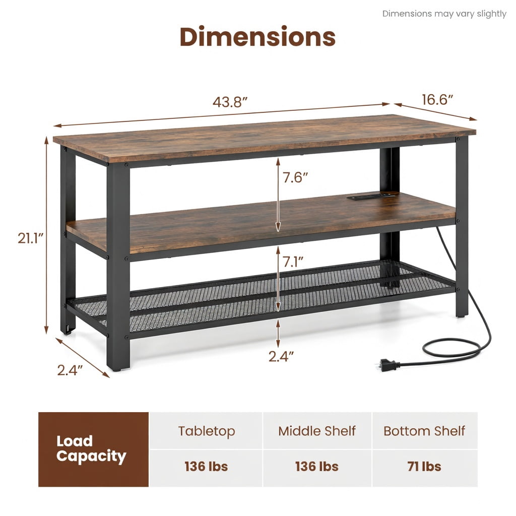 Demi Bonn 3-Tier Industrial TV Stand with Metal Mesh Shelf, Media Entertainment Center with Storage for Living Room, Brown