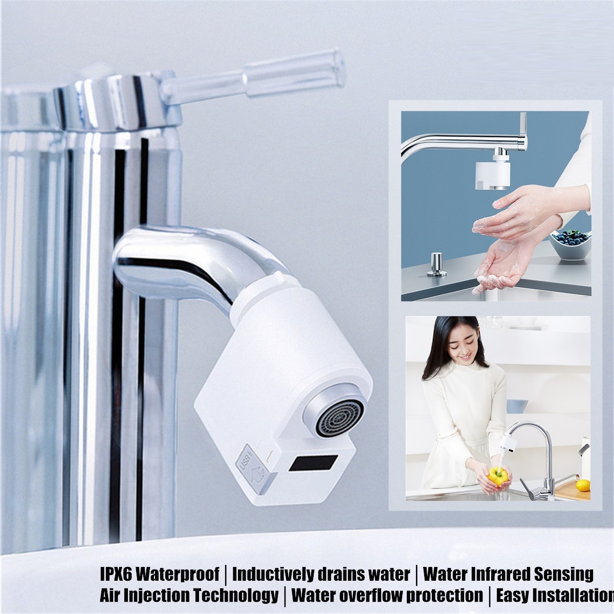 Zengkei Touchless Faucet Adapter Infrared Induction Water Saving Device Automatic Sensor Kitchen Bathroom Sink Water Saver Motion Sensor Adapter Water Overflow Protection