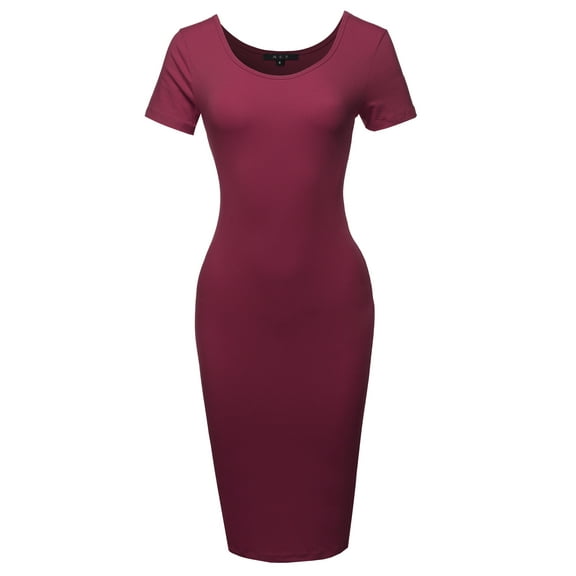 A2Y Women's Solid Fitted Classic Short Sleeve Premium Cotton Midi Dress Dark Burgundy S