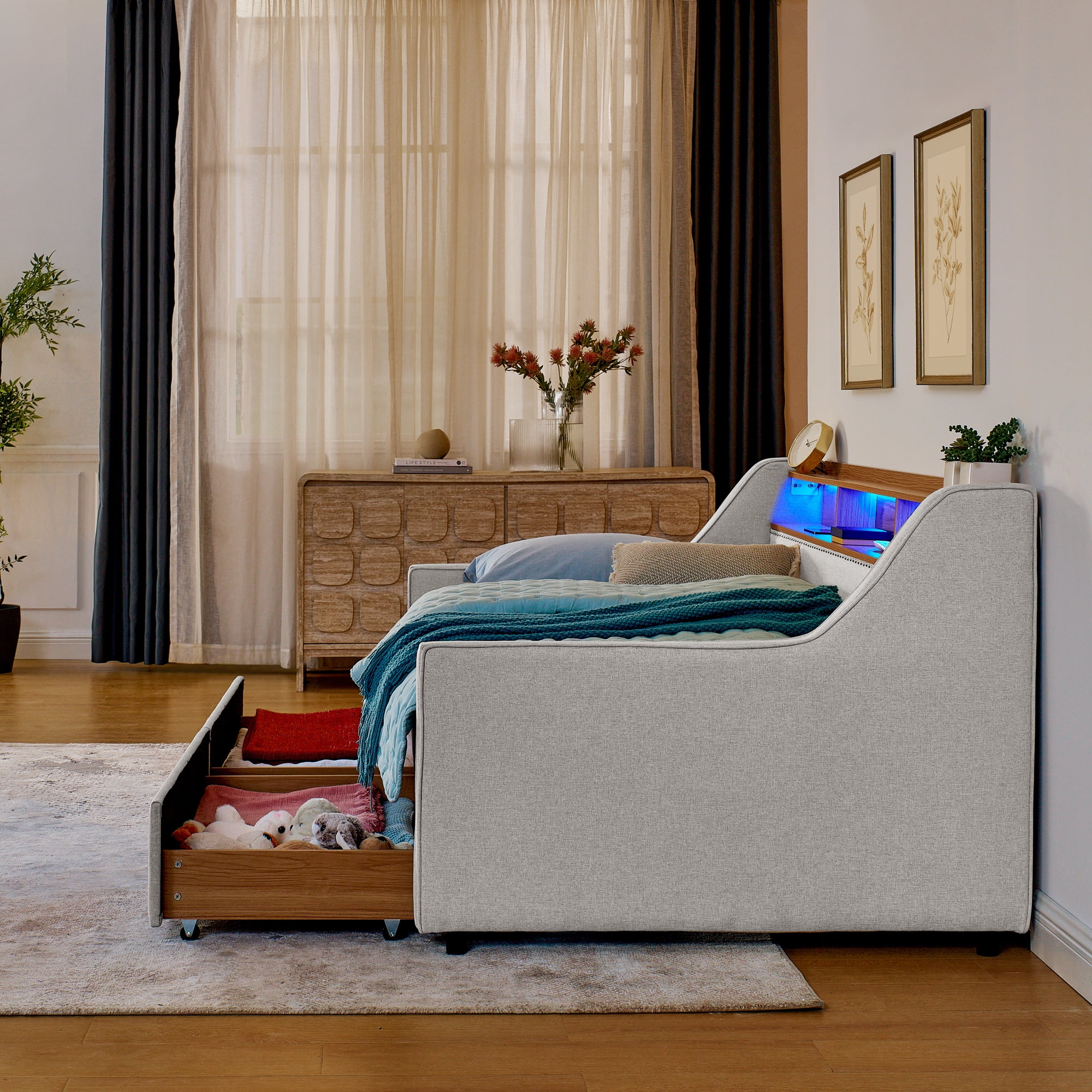 Leumius Twin Size Upholstered Daybed with Trundle,Comfy Sofa Bed with LED Lights,Wireless Charging,Storage Adjustable Headboard,Beige