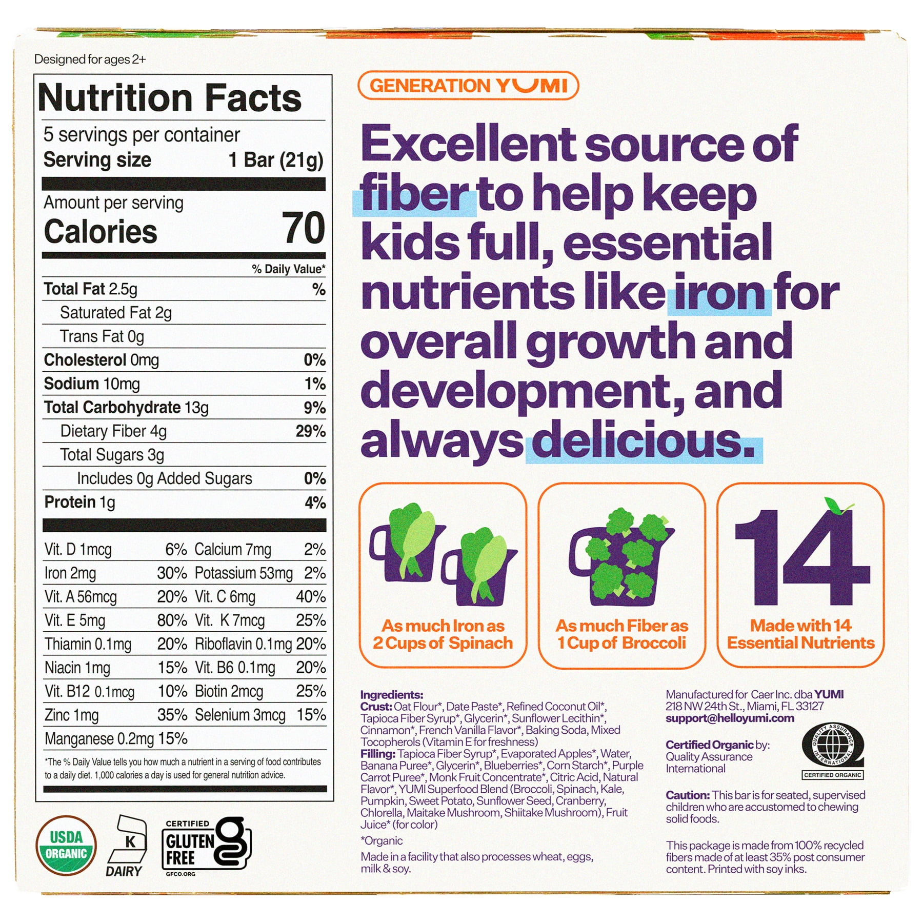 (6 pack) YUMI Organic Blueberry & Purple Carrot Toddler Snack Bars - 3.7oz/5ct