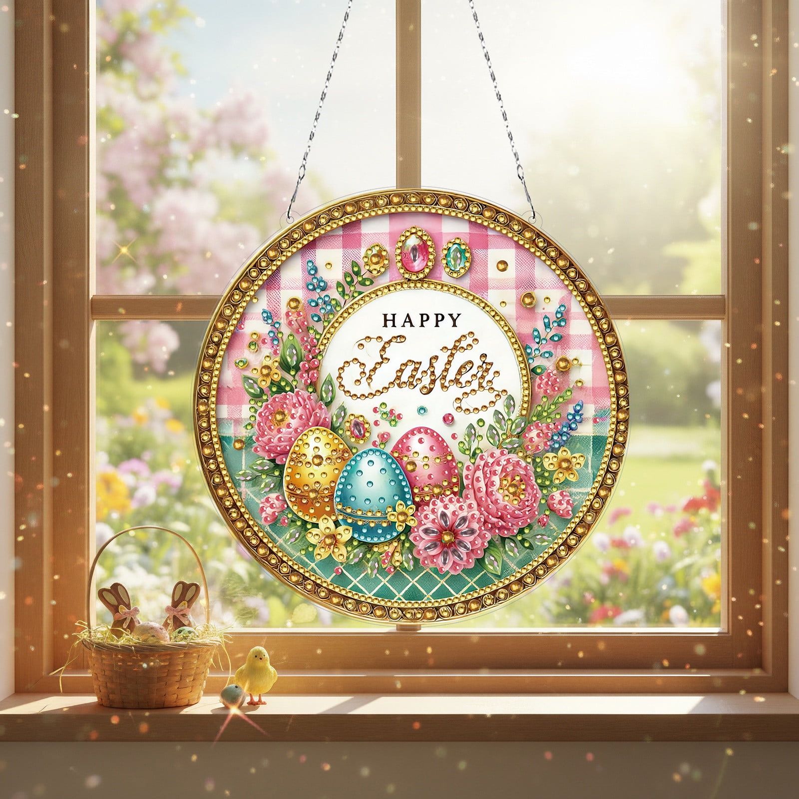 FLOPESN Circular Traditional-Style DIY Diamond Art Painting Pendant Easter Creative Design PET Material Home Decor Pendant