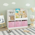 thumbnail image 3 of Kids Bookshelf and Toy Storage, Wooden Bookcase with 3 Drawers and 4 Book Display Shelf, Toy Storage Organizer with Bins, for Toddlers Kids Room Furniture/ Bedroom/ Living Room, Pink, 3 of 8