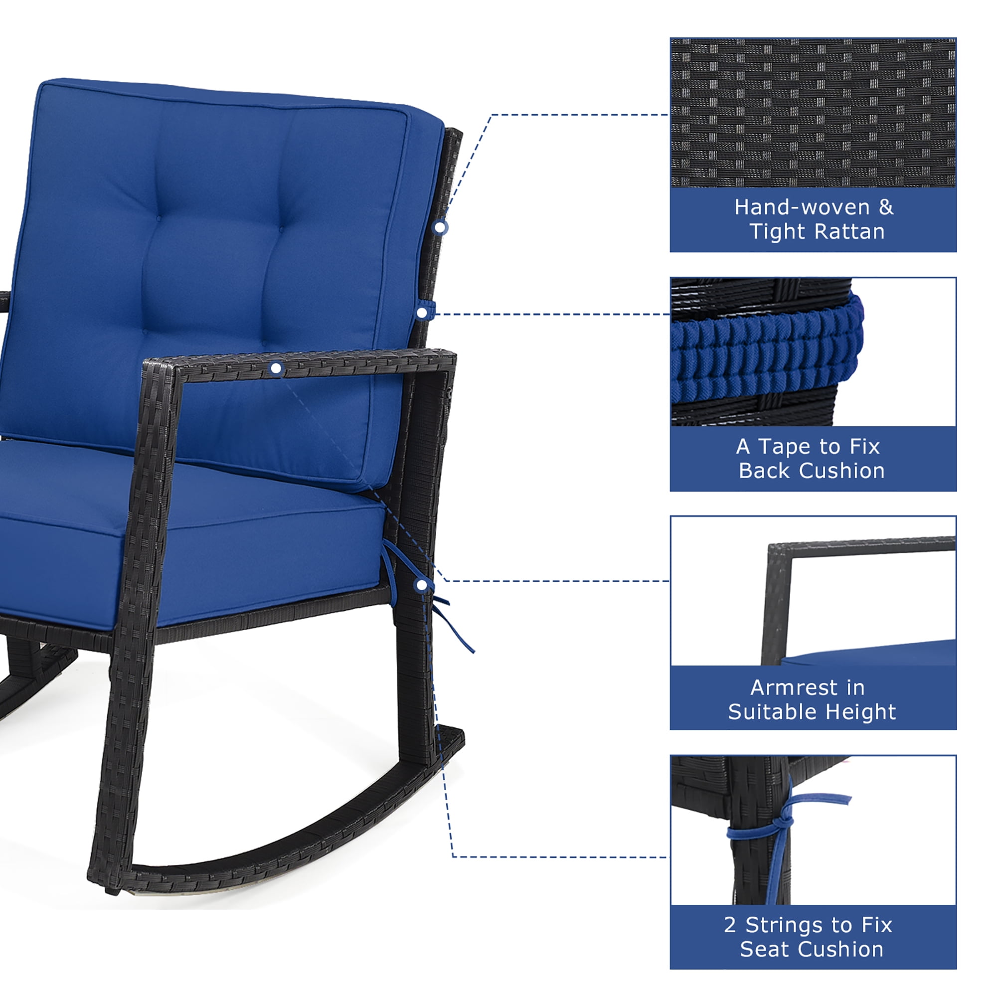 Costway Patio Rattan Rocker Chair Outdoor Glider Rocking Chair Cushion Lawn Navy