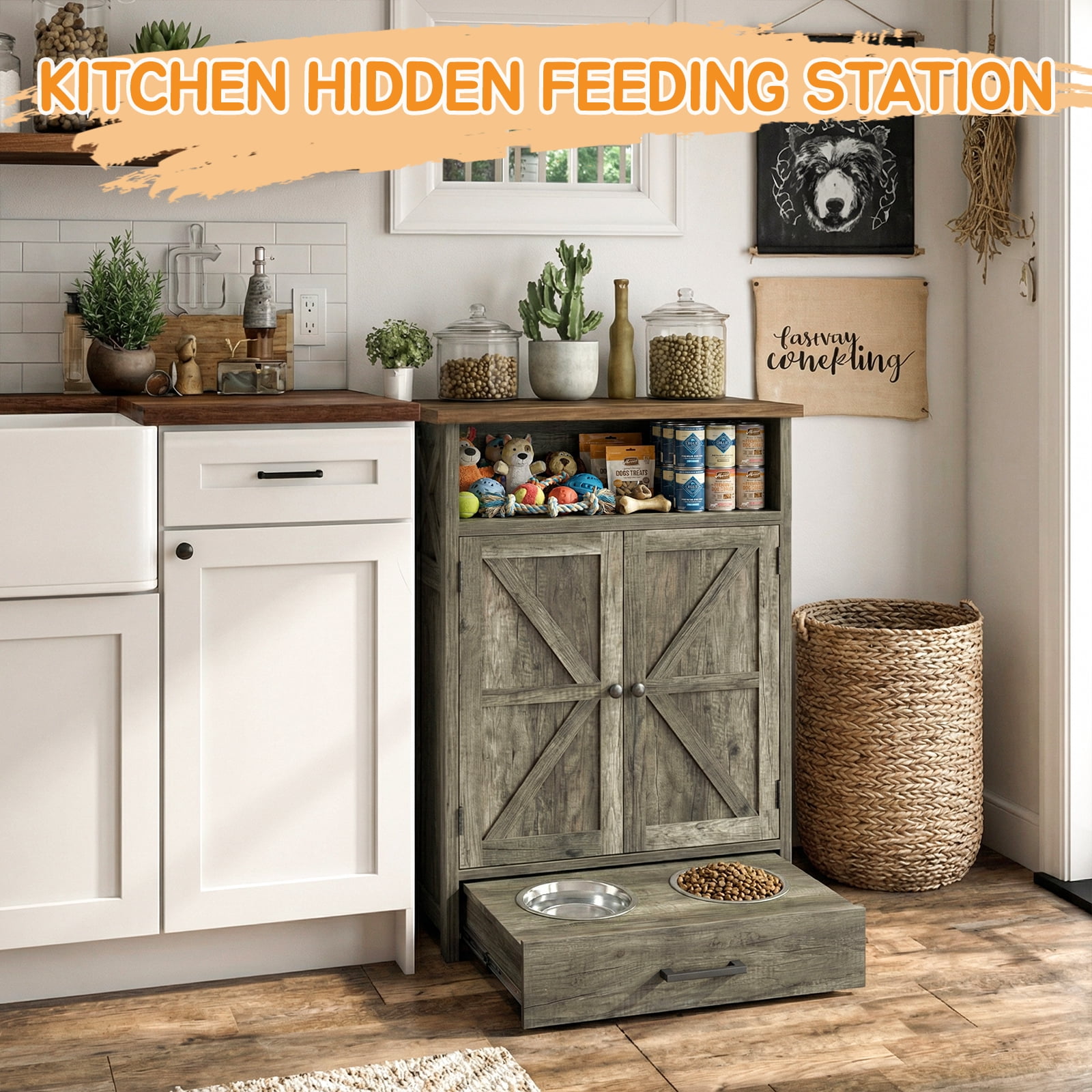 Dog Feeding Station with Storage Cabinet, Pet Feeder Station Cabinet with 3 Side Hooks, Raised 2 Elevated Dog Bowls & Hidden Pull-Out Drawer