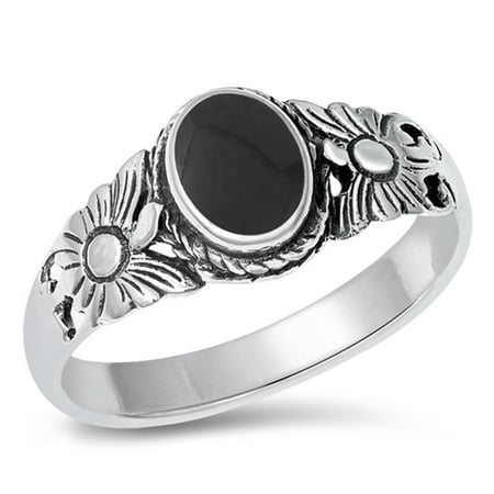 CHOOSE YOUR COLOR Flower Simulated Black Onyx Bali Ring .925 Sterling Silver Band CZ Female Size 6