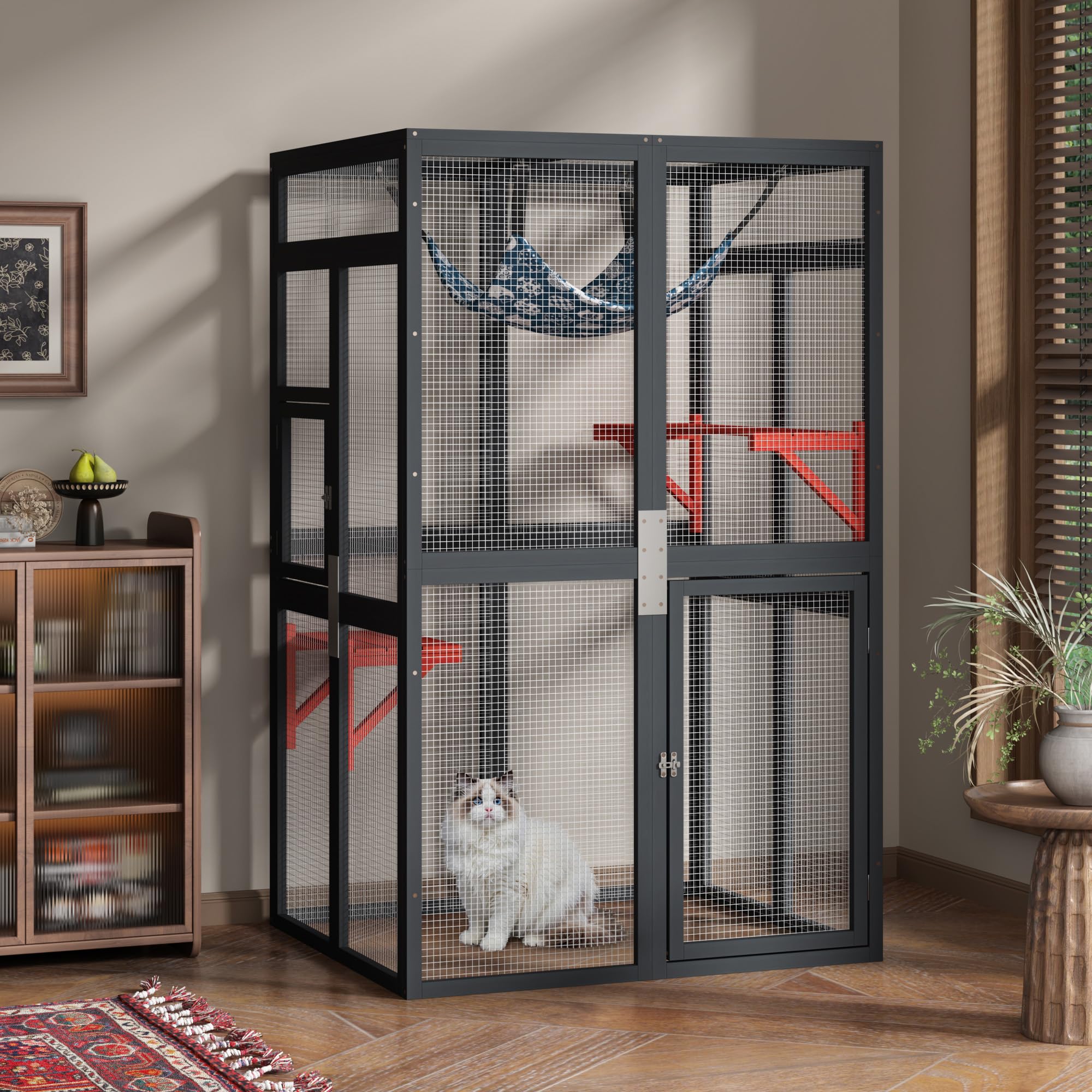 Outdoor cat enclosure, wooden cat house with patio walk-in window, indoor kitten house