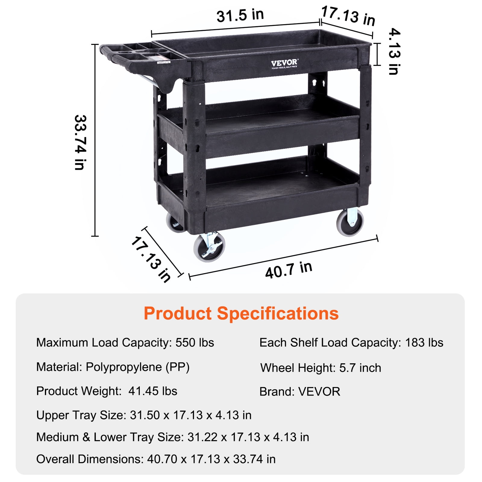 VEVOR Plastic Service Utility Cart, Support up to 550lbs Capacity, Heavy Duty Tub Storage Cart W/Deep Shelves, Multipurpose Rolling 3-Tier Mobile Storage Organizer, for Warehouse Garage