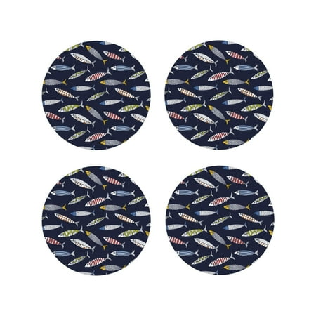 

Fuzoiu Sardine Print Leather Coasters Set Drink Coasters Set of 4 for Tabletop Protection Durable PVC Coasters Home Décor and Housewarming Gift-Round Shape
