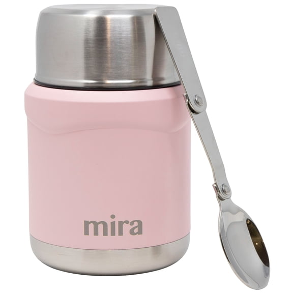 MIRA Thermos for Hot Food & Soup - 15 oz Insulated Food Jar with Foldable Spoon - Leak Proof Stainless Steel Thermal Storage Lunch Container, Canteen, Double Walled, Rose Pink
