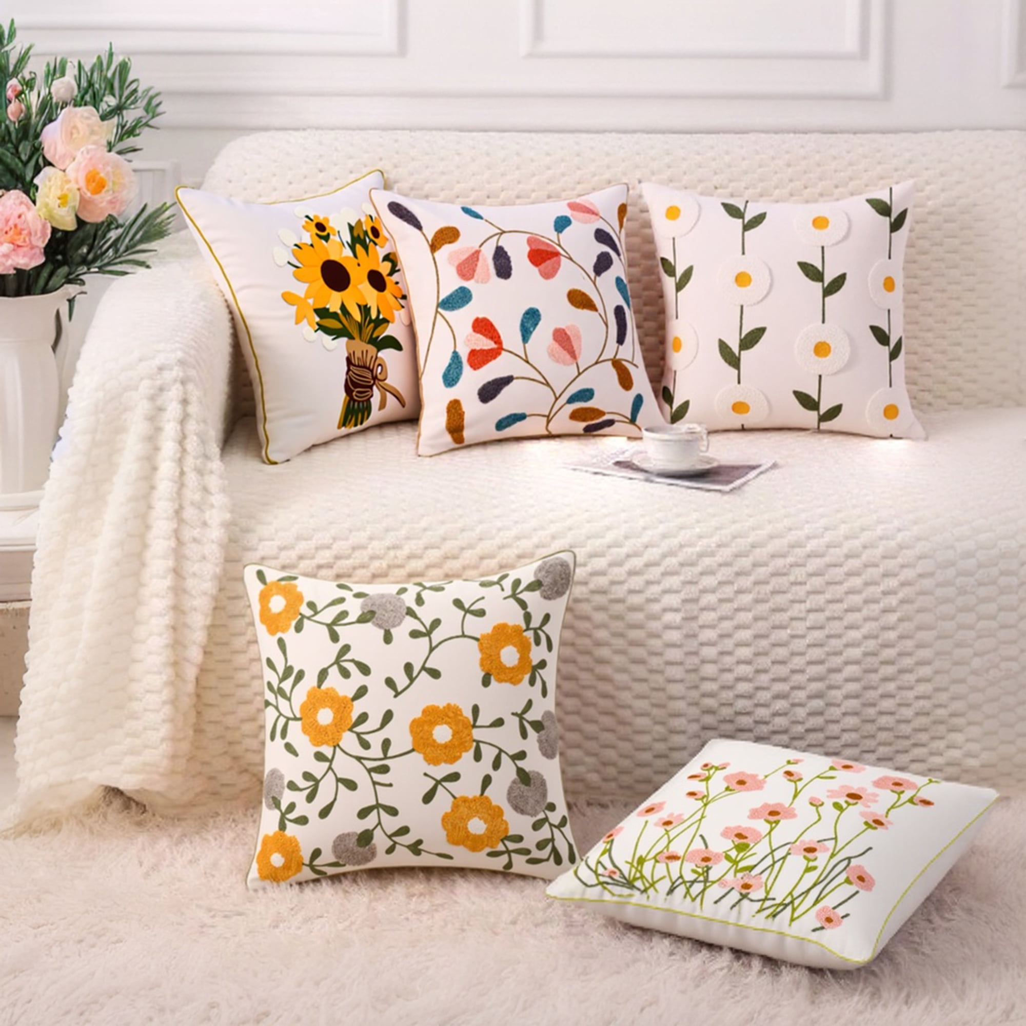 Unique Bargains Pack of 2 Flower Embroidered Throw Pillow Covers Yellow Purple