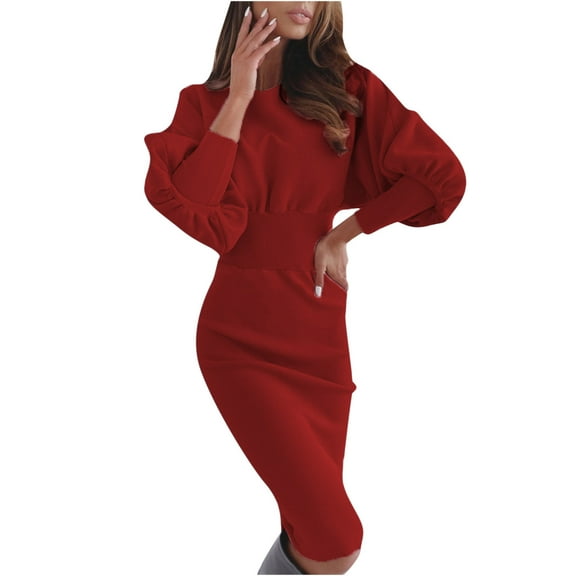 Dadaria Fall Wedding Guest Dresses Midi for Women Fashion Women's Casual Long Sleeve Solid Ladies Retro Draw Back Buttocks Dress Wine XXL,Women
