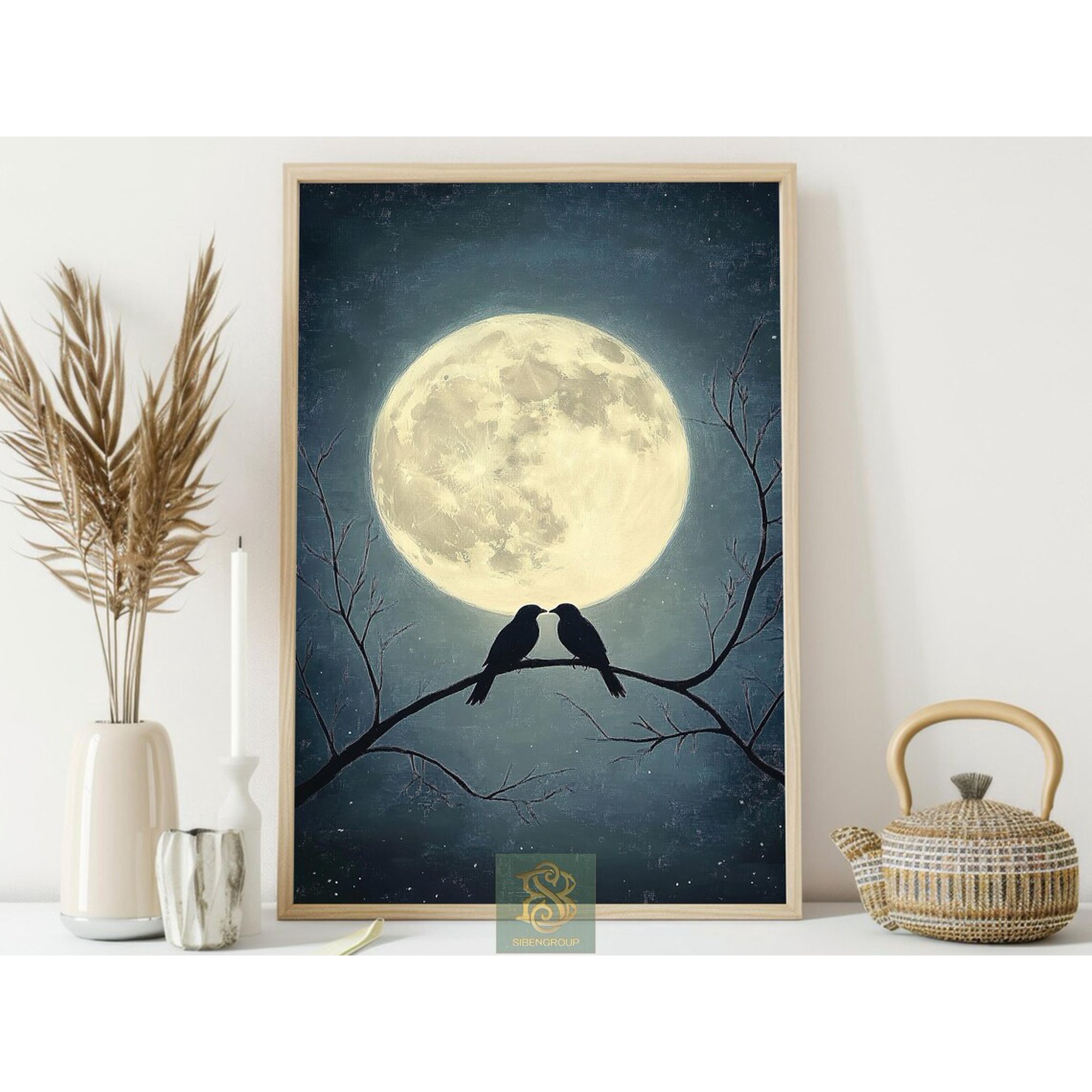 Moonlit Love Birds Wall Art Print With Full Moon Silhouette And Romantic Night Decor Unframed Paper Print