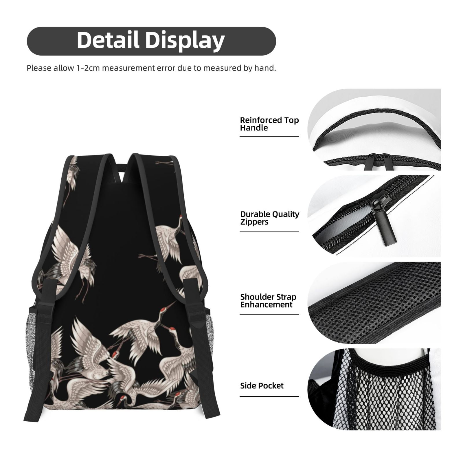 Rateoe Japanese White Crane Pattern Durable Student Backpack Laptop Bag- Ergonomic Design, Waterproof Twill Fabric - Ideal for School, Travel, and Outdoor Activities