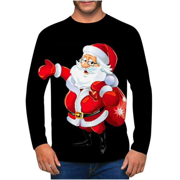 IROINNID Christmas Long Sleeve Shirt for Men Funny Xmas Print Crewneck Holiday Vacation Tops Gift for Men,Black
