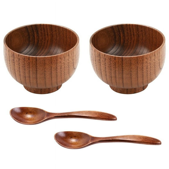 4 Pieces Wooden Handmade Bowl and Spoon for Rice Serving Home Kitchen Tableware
