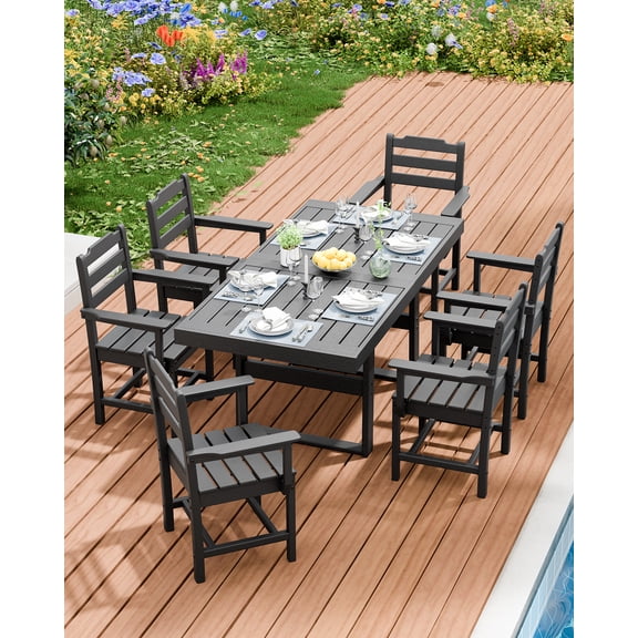 WACASA 7-Piece Outdoor HDPE Dining Set for 6, Patio Table and Chairs with Umbrella Hole, Black