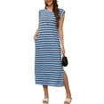 thumbnail image 3 of Asklazy Women’s Summer Striped Waffle Knit Maxi Dress, Round Neck Casual Loose Long Vacation Dress with Pockets, Wrinkle-Free,2XL,Blue, 3 of 12