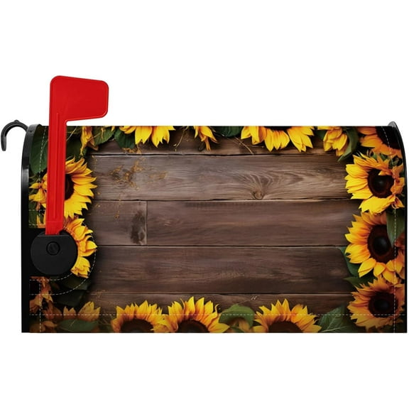 Autumn Sunflower Mailbox Cover Wooden Board Sun Flower Grateful Magnetic Mailbox Covers Standard Size 18x21 Inch Thanksgiving Maples Mail Box Wraps Post Letter Box Cover for Yard Home