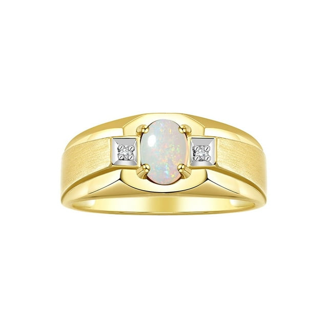 RYLOS Men's Rings 14K Yellow Gold Classic 7X5MM Oval Gemstone & Diamond Ring Opal October Birthstone Rings For Men, Gold Rings Size 13