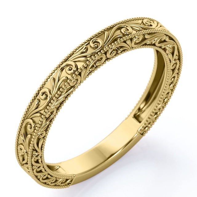 JeenMata Alianza de Boda de Filigrana Vintage Borde Milgrain, Enchapado en Oro Amarillo de 18 K sobre Plata