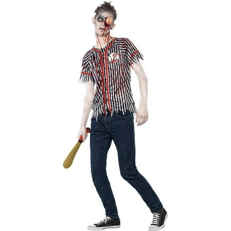 Smiffys 44334XS Black & White Zombie Baseball Player Costume with Top, Eyepatch & Wadded Baseball Bat - Extra Small