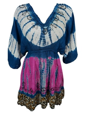 Mogul Womens Loose Tie Dye Mini Dress Rayon Embroidered Hippie Chic Sundresses