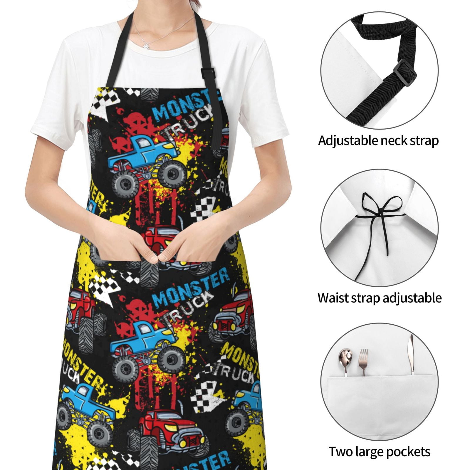 Picia Monster Car Waterproof Apron for Unisex Adult - Adjustable Bib Apron with Pockets, Ideal for Cooking, Gardening, Painting, and Household Chores
