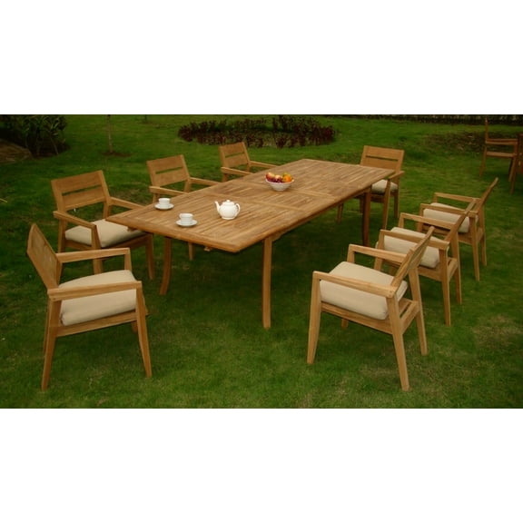 Teak Dining Set:8 Seater 9 Pc -118" Rectangle Table And 8 Stacking Vellore Arm Chairs Outdoor Patio Grade-A Teak Wood WholesaleTeak #WMDSVLc