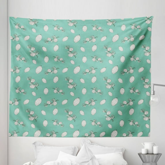 Pine Cone Tapestry, Forest Spruce Tree Fir Conifers on Pastel Retro Striped Backdrop Hand Drawn, Fabric Wall Hanging Decor for Bedroom Living Room Dorm, 5 Sizes, White Sea Green, by Ambesonne