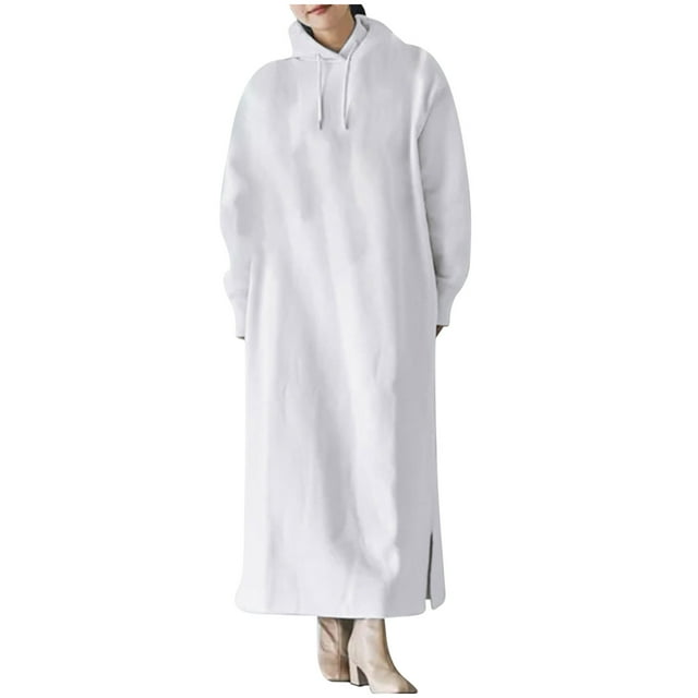 cfhntfmh Robes Grande Taille pour Femmes à Manches Longues Chandails à Capuchon Doux Robe Chandail Chaude en Molleton Fluide Longue Robe Maxi