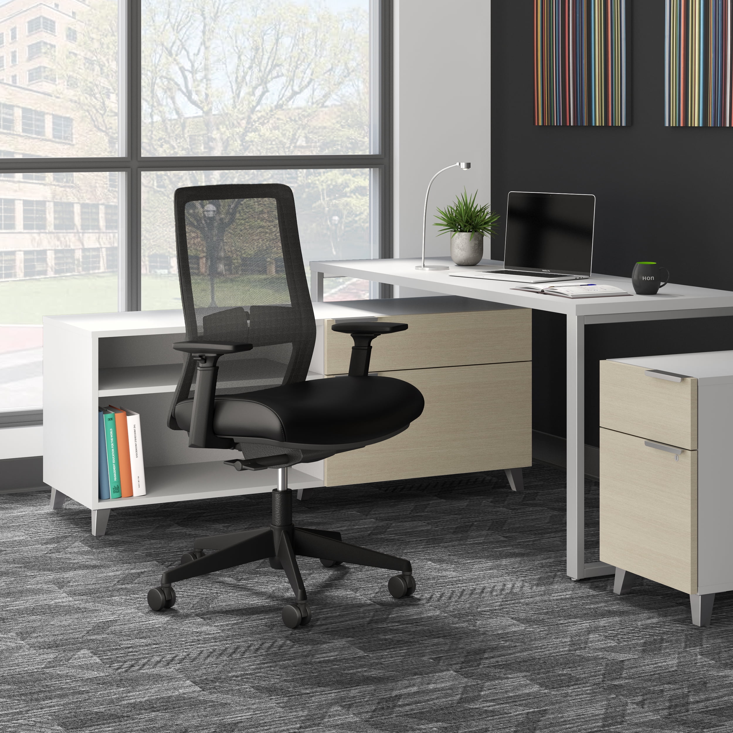 HON Basyx Biometryx Commercial-Grade Mesh Back with Bonded Leather Seat Task Chair, Office Chair, in Black (BSX155SB11T)